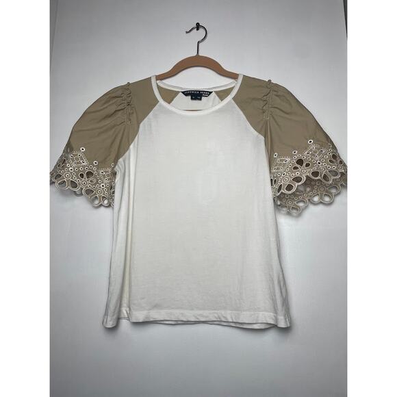 Veronica Beard Briana Embroidered Short-Puffed Sleeve Tee White & Light Khaki M - Picture 4 of 16